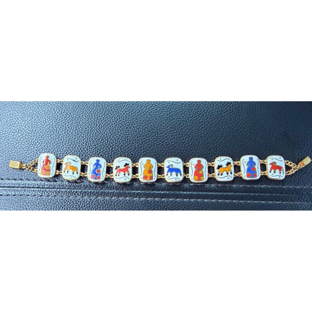 1960s Vintage Leningrad Jewelry Dymkovskaya Toy Multicolor Enamel Bracelet 7.5"